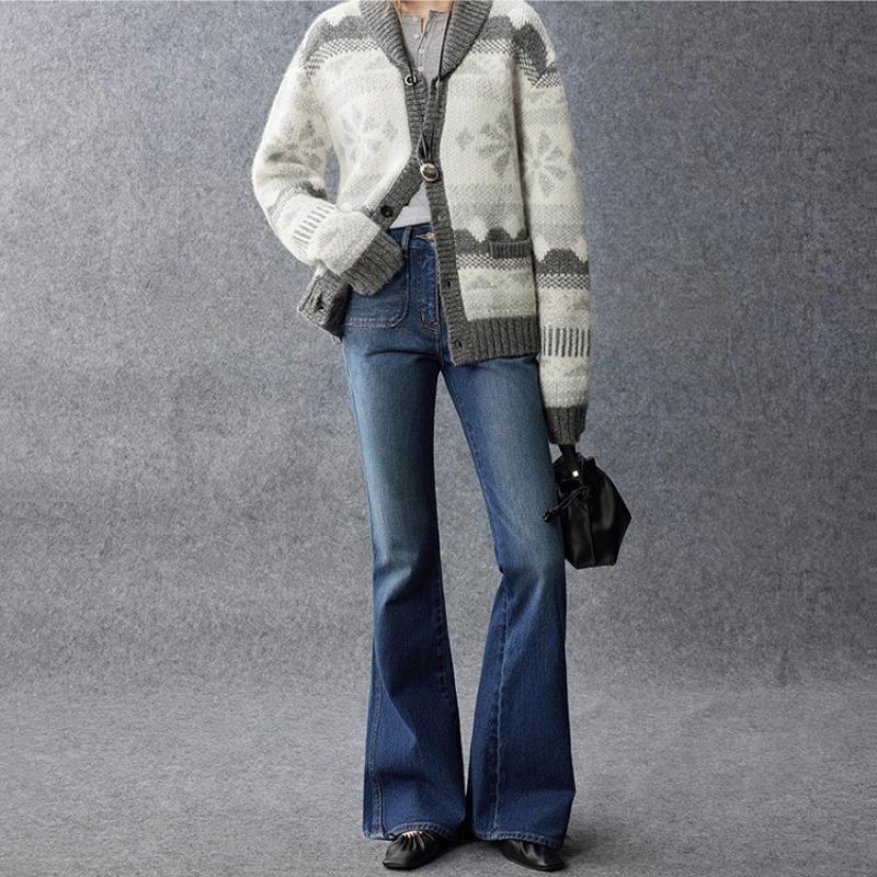 Women’s Mid‑Waist Vintage Washed Flare Jeans – Slim Fit Denim Pants – Blue Retro Style
