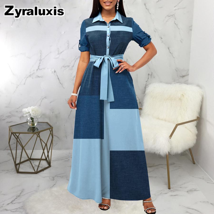 New Sexy Fashion Digital Print Patchwork Crew Neck Short Sleeve Dress for Women S синий