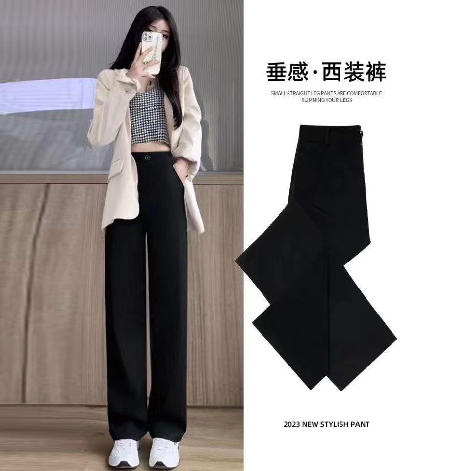 Women's High Waist Straight Leg Pants Loose Suit Trousers Spring Summer Thin Drape Mild Stretch Elegant Commuter Pocket Long Dress Pants