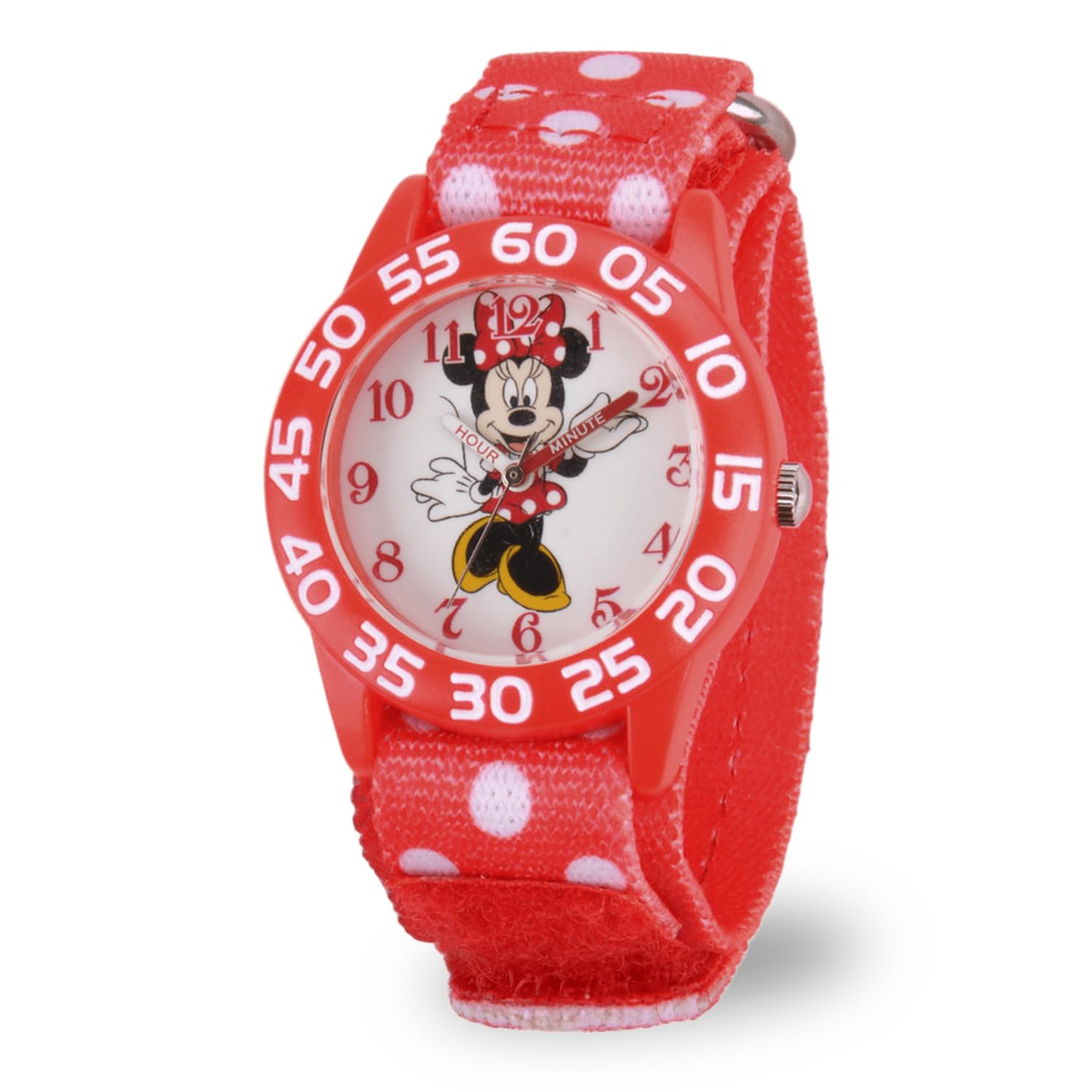 

Детские часы Disney W001665 Minnie Mouse с пластиковым корпусом, ремешком из эластичного нейлона с принтом, аналоговым дисплеем, красные часы