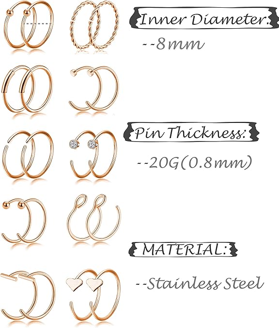 20G 38Pcs Stainless Steel Screw Shaped Nose Studs Nose Rings CZ Hoop Tragus Cartilage Nose Ring Labret Nose Piercing Jewelry