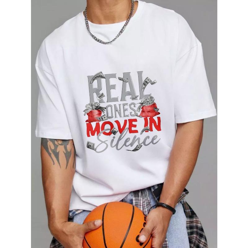

White T Shirt Real Ones Move in Silence Money Bag Graphic Print Streetwear Casual Wear for Men S