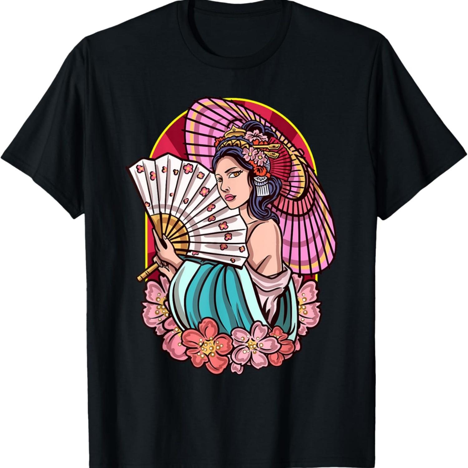 Geisha Fan Art Vintage  Style Cherry Blossom Design T-Shirt S чёрный