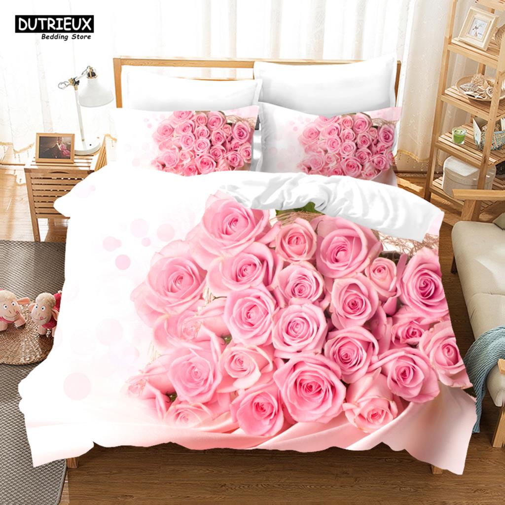 Roupa de Cama Estampada Flor de Amor 3D Conjuntos de Roupa de Cama de Poliéster Cobertores para Crianças Meninos Roupa de Cama para Adolescentes Conjunto de Roupa de Cama Tamanho King