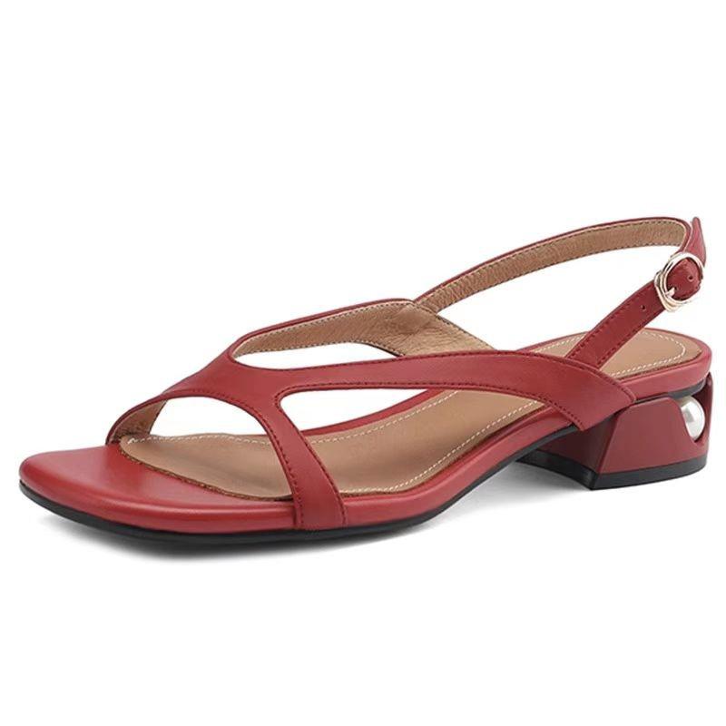 

Женские летние босоножки 2025 на массивном каблуке с открытым носком - Европейский и американский стиль, Удобные повседневные туфли на высоком каблуке 39 вино красного