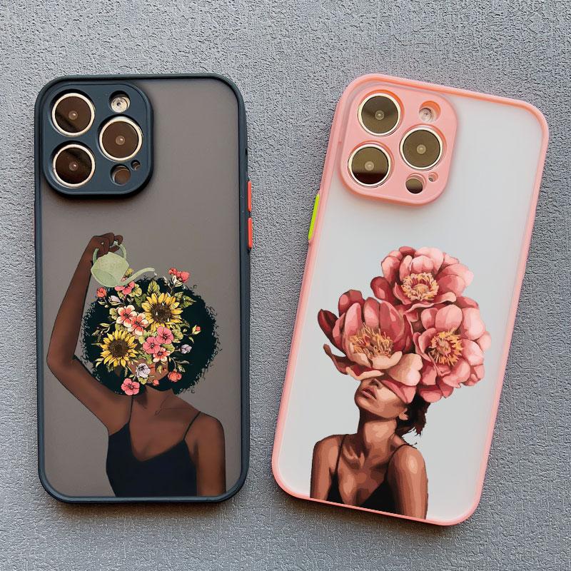 Oil Painting Flower Girl Phone Case For iPhone 16 15 12 11 13 14 Pro Max Mini X XS XR 15 14 8 Plus Shockproof Translucent Covers
