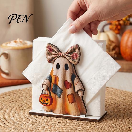 Seasonal Party Gift Halloween Wooden Napkin Holder, Ghost Black Cat Decorative Tabletop Tissue Stand Dispenser, Paper Towel Holder for Holiday Dining