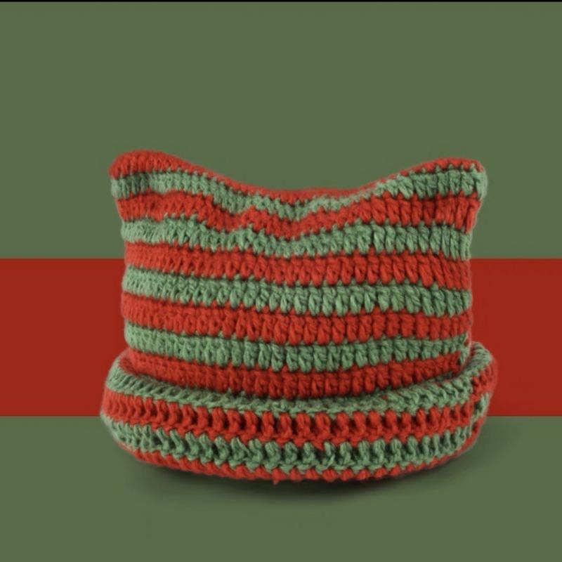 Autumn Winter Woolen Hat Japanese Devil Handmade Stripe Hat Female Cat Ear Warm Knit Pullover Hat Winter