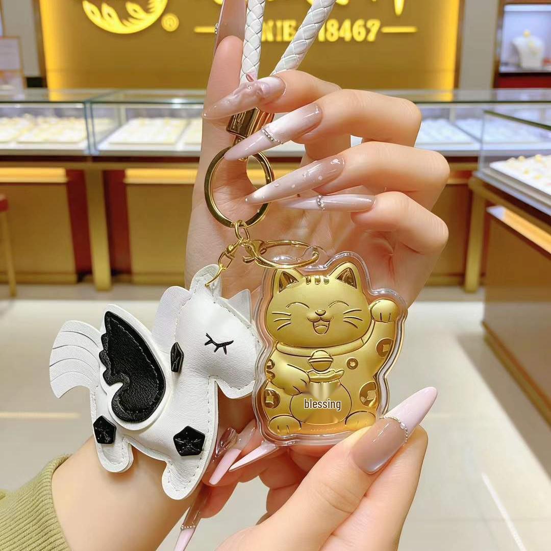 999 Pure Gold Beckoning Cat Pendant Keychain, Attracts Daily Wealth, Ideal for Business Gifts