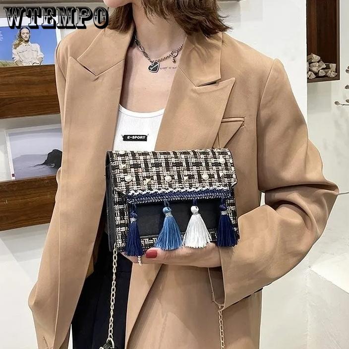 

WTEMPO Color Matching Stylish Chain Small Square Bags Versatile Ethnic Style Hand-held Single-shoulder Bags Exquisite Tassel Crossbody Bag for Women 1pc синій