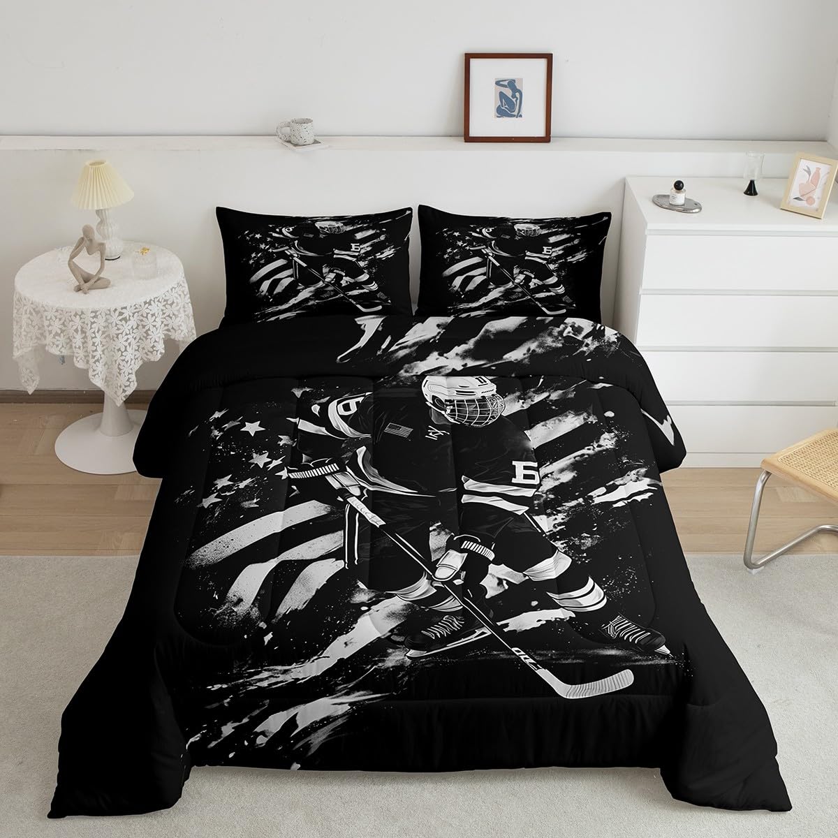 Erosebridal Hockey Motivational Comforter Set Twin,Ice Hockey Ball Games Bedding Set for Boys Man Boyfriend,Winter Sports Gaming Bedding Com 155x200cm