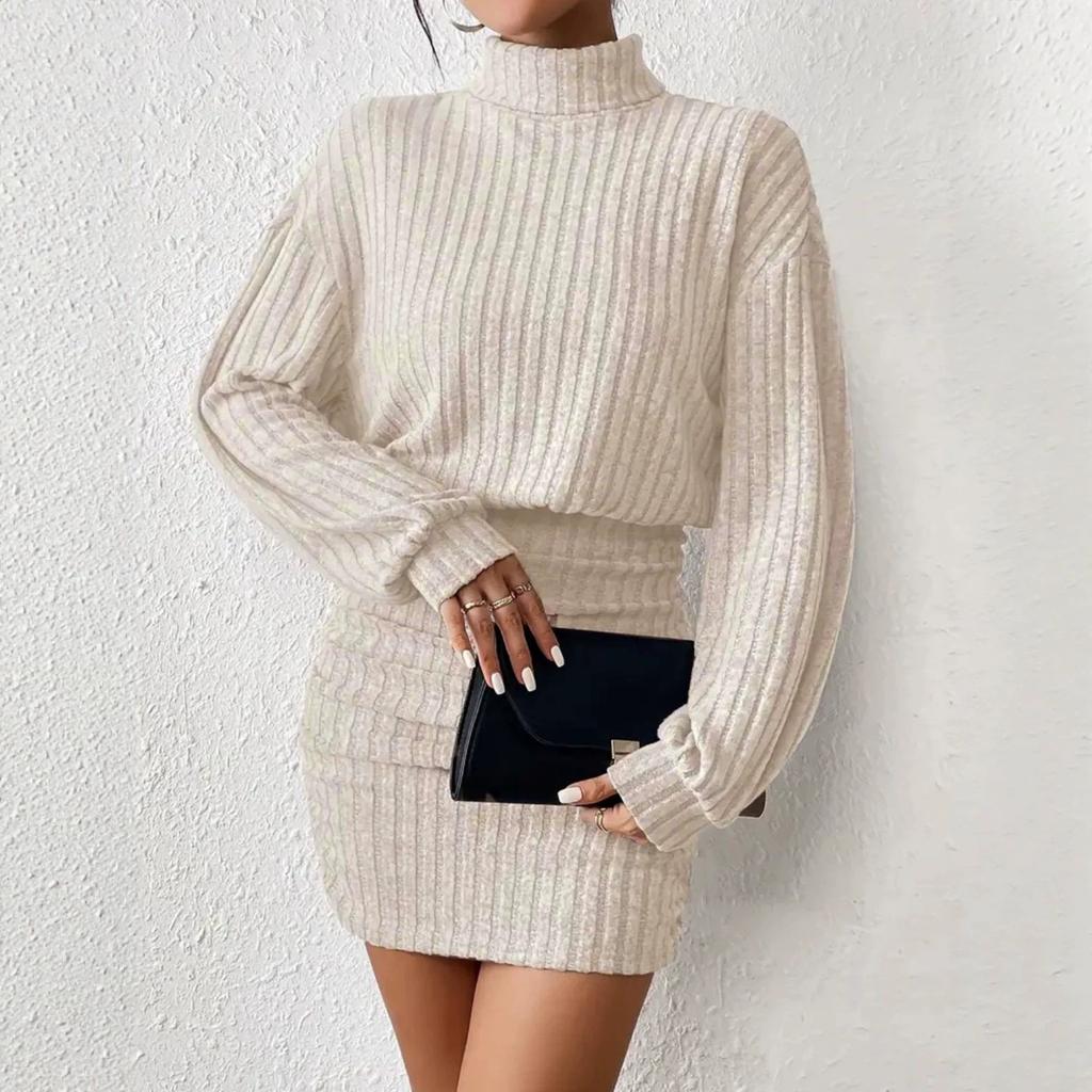 European and American autumn and winter new high-necked hip-wrapped dress long-sleeved pit strip knitting sexy temperament style