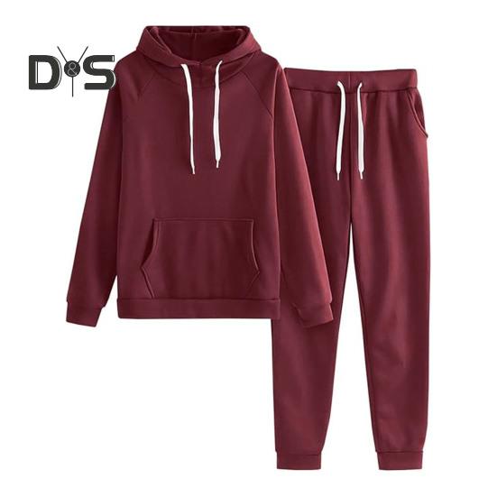 2 Pcs/Set Women Hoodie Pants Suit Solid Color Plush Long Sleeves Thick Top Elastic Waist Ankle-banded Trousers Sport Fitness Outfit Fall Winter