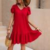 V-neck solid color loose dress casual short-sleeved dress