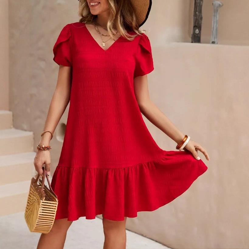 V-neck solid color loose dress casual short-sleeved dress