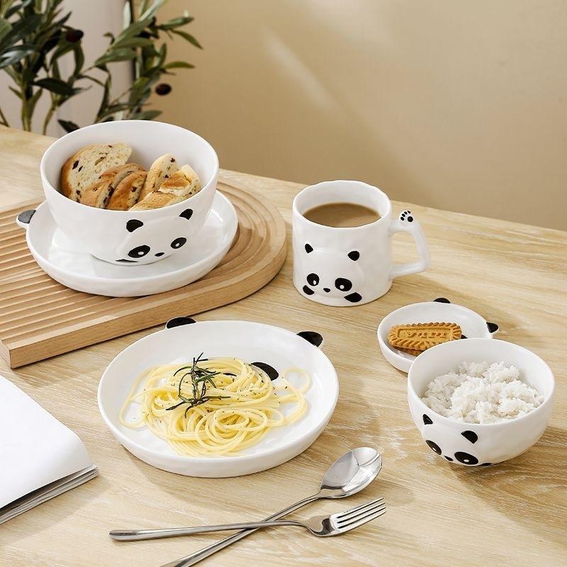 Panda Cartoon Style Ceramic Mug Saucer Rice Bowl Soup Bowl High Value Milk Coffee Cup Breakfast Cup Creative Saucer Lid