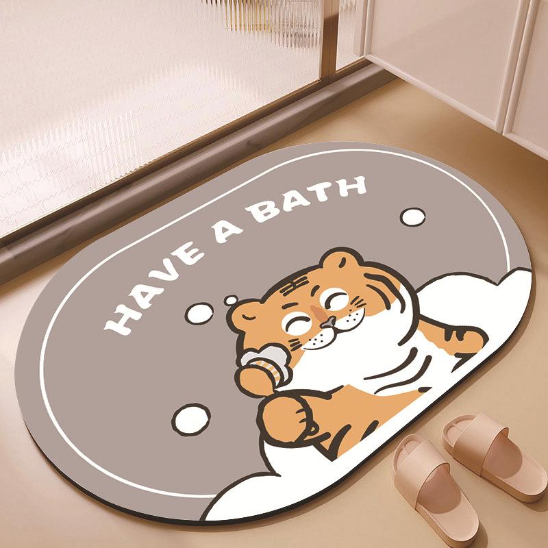 New Cartoon Cute Animal Oval Diatom Mud Floor Mat, Bathroom Water-absorbing Quick-drying Carpet, Children's Room Non-slip Mat