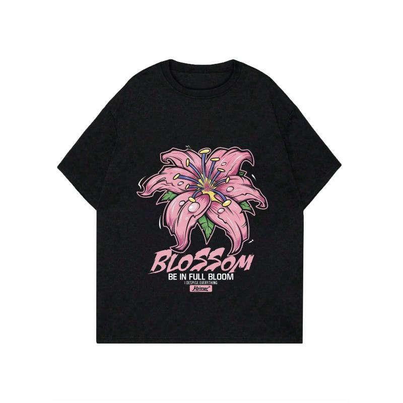 Women Casual T Shirt Black Pink Lily Flower Blossom Be In Full Bloom Graphic Print Top Everyday Wear Summer Outfit