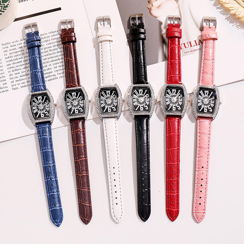 Ladies Leather Belt Rhinestone Watch Barrel-shaped Roman Numeral Wristwatch