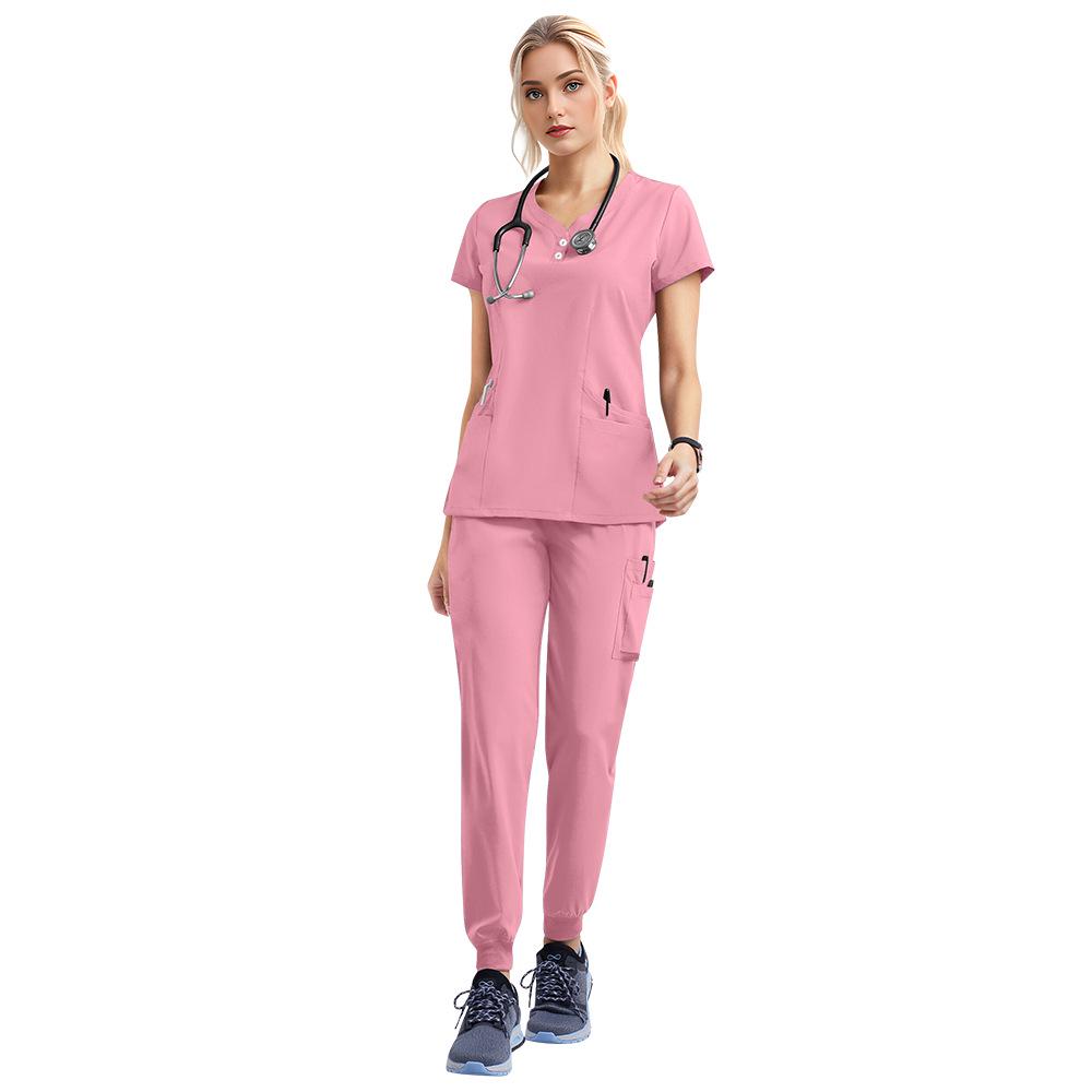 Conjunto de Pijama Cirúrgico Feminino de Manga Curta Stretch e Avental Cirúrgico de Isolamento para Uso Médico e Odontológico