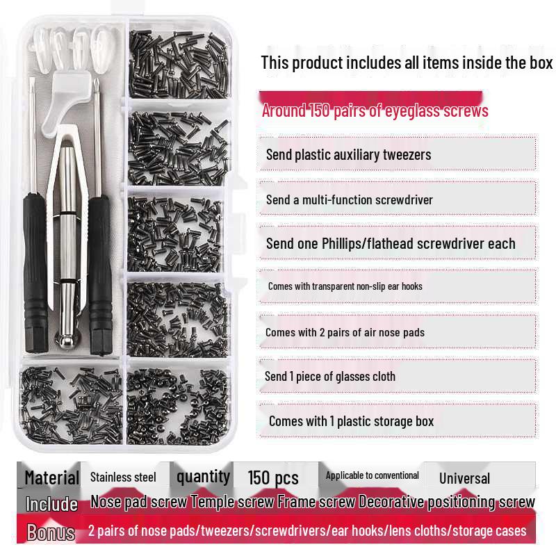 Eyeglass Repair Kit: Screwdriver Set, Nail Cutter, Nose Pads, Frameless Accessories