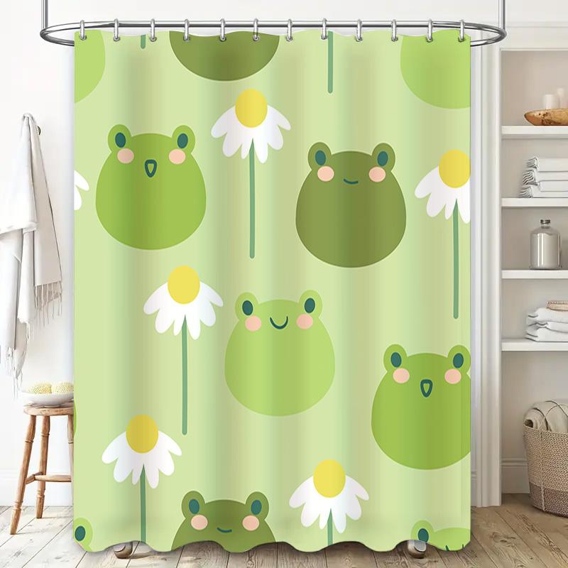 Adorable Frog Daisy Pattern Shower Curtain Green Floral Decor For Bathroom Waterproof Fabric Perfect Gift Idea For Kids Adults A