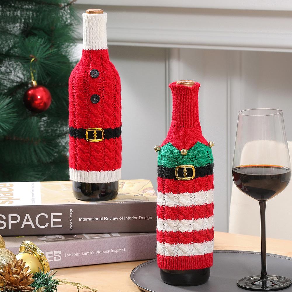 2pcs Christmas Decoration Supplies Knitted Striped Creative Wine Bottle Covers Kitchen Dining Room Wine Bottle Dress Up