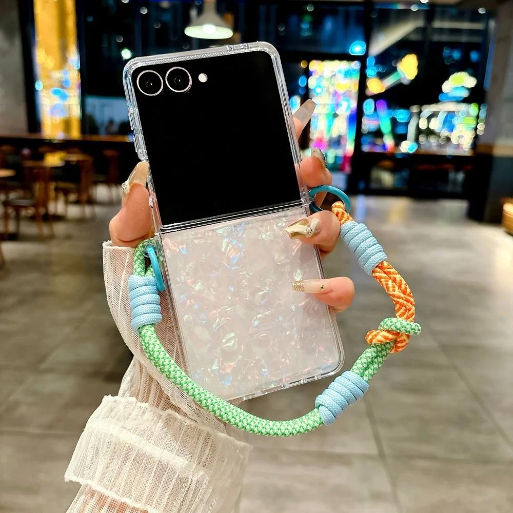 Gradient Water Ripple Colorful Lanyard Phone Case for Samsung Galaxy Z Flip 7 6 5 4 3 Slim Hard Shell Wrist Strap Protect Cover