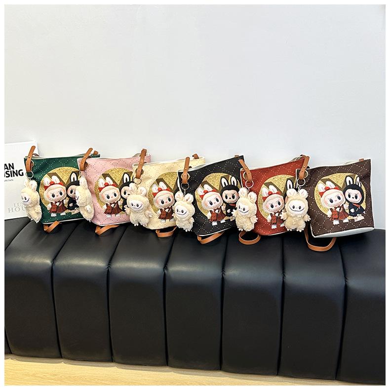 Korean Cartoon Labubu Crossbody Canvas Women's Bag Large Capacity Student Commuting To Class Embroidered Shoulder Bag Bucket Bag