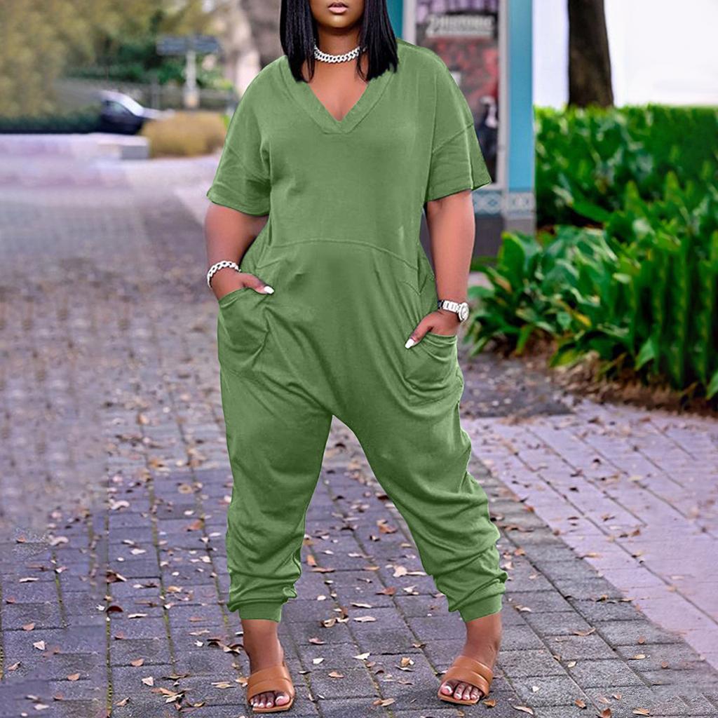 Women's Plus Size Loose Casual Short Sleeve V-Neck Solid Pocket Jumpsuit