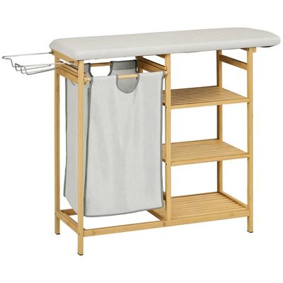 Laundry Basket Multifunctional Ironing Board And Fabric Bag 57L Bamboo Frame 113x34x82cm Natural Gray
