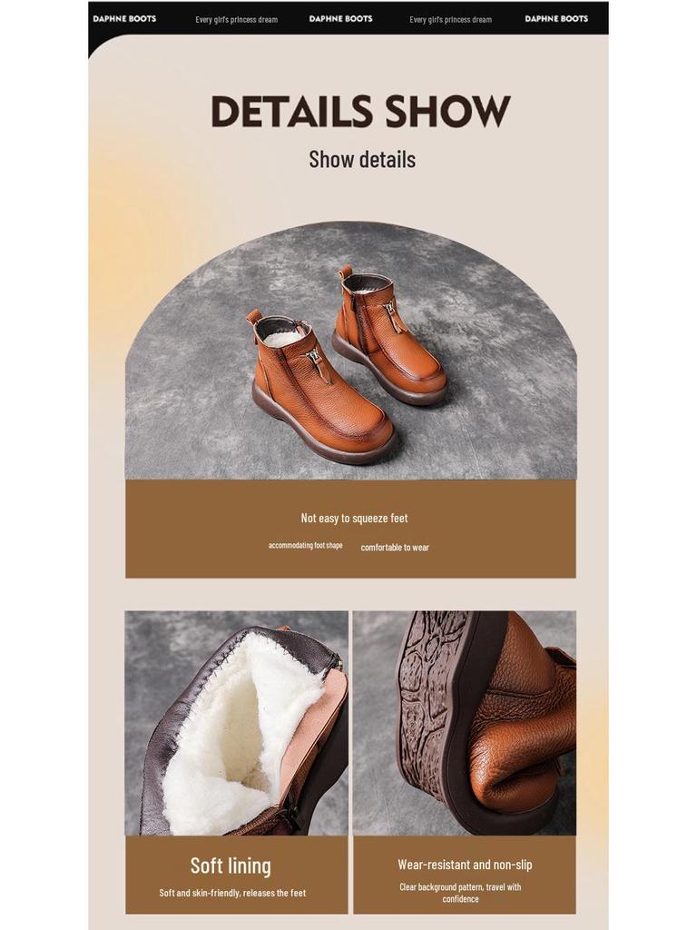 Cizme Martin de iarnă 2025 pentru femei, din piele cu căptușeală de lână, cu toc mediu - Pantofi călduroși cu toc gros pentru mamă