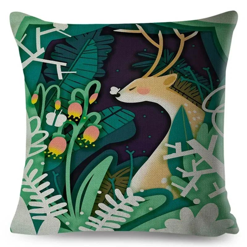 Beautiful Cartoon Deer Pillowcase Square Animal Linen Cushion Car Bedroom Sofa Seat Decorative Pillowcase 45*45Cm
