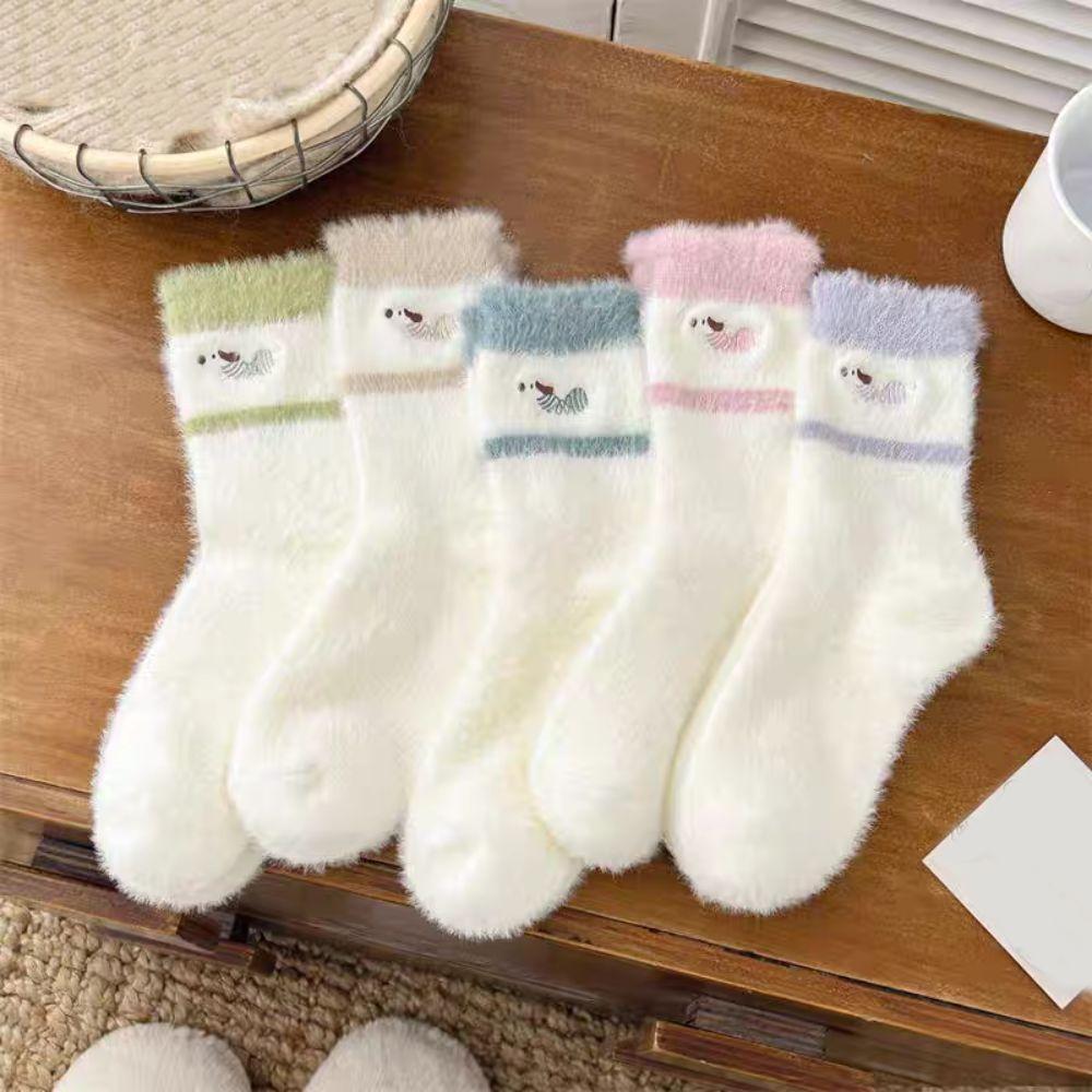 5Pairs Puppy Dog Winter Fluffy Socks Embroidery Plush Floor Socks Mink Fleece Socks  Autumn Winter