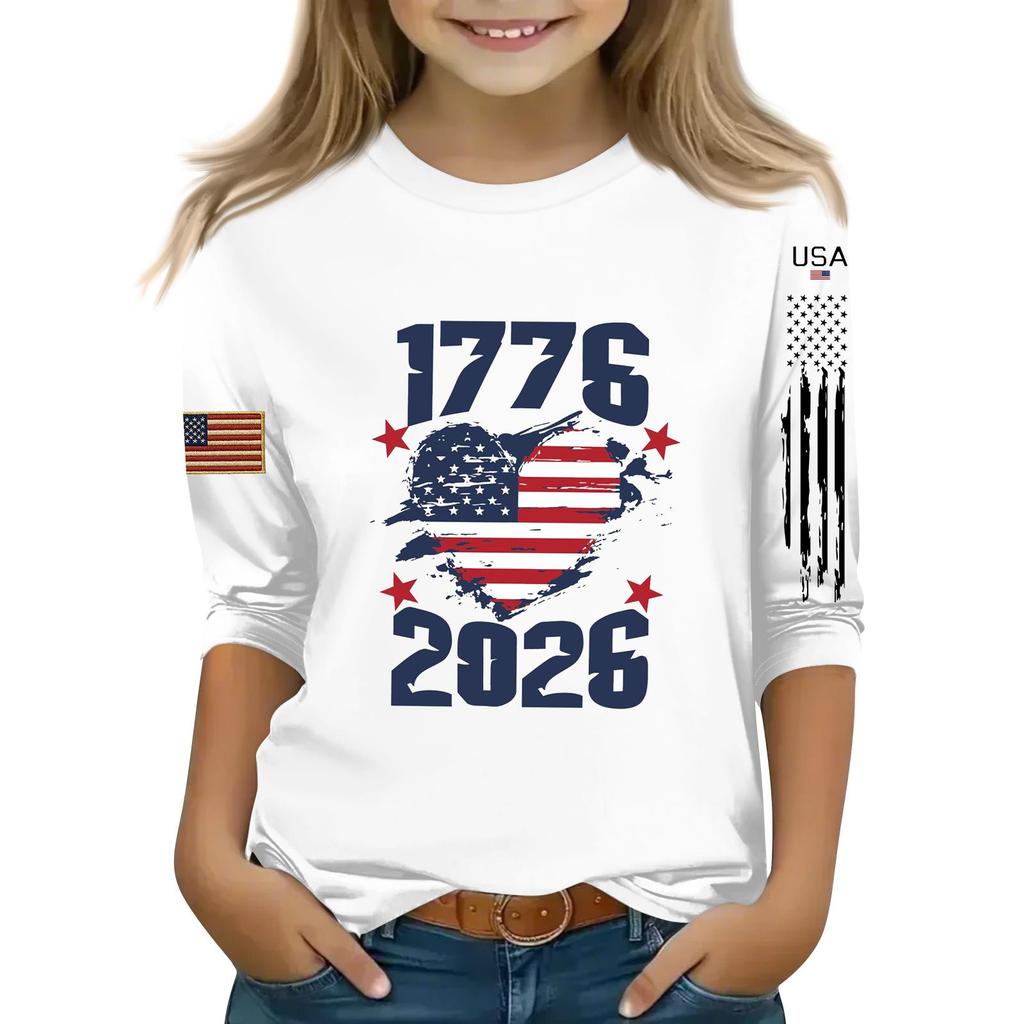 Kid's Round Neck Independence Day Print Lightweight Spring/Summer Top