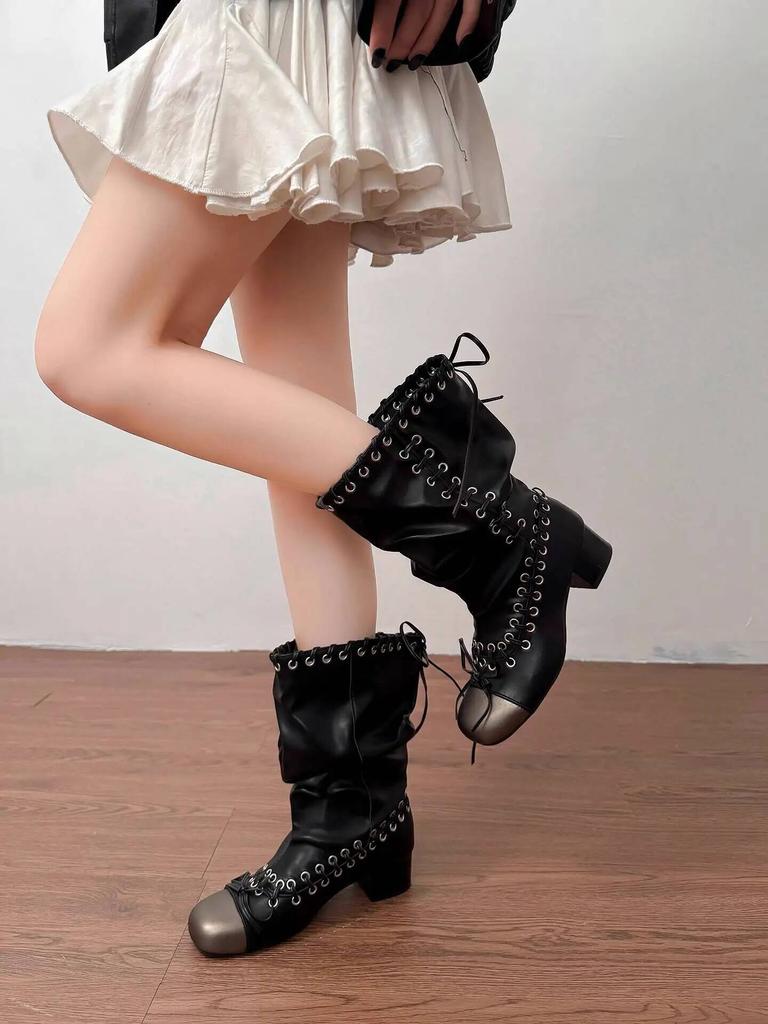 Women Boots Autumn Winter New Push Boots for Women Strappy Martin Boots Chunky Heel Mid Calf Short Boots Stylish Biker