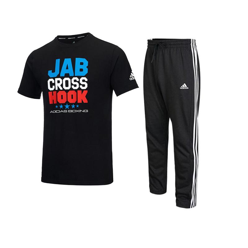 

Adidas Breathable Loose Fit Round Neck Short Sleeve T-Shirt And Solid Color Lace-Up Long Pants Casual Sports Set Men Sets Black ADICLTSCJH-BW+IC0044 M