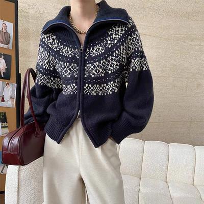 Cardigan elegant de damă jacquard retro, cu revere în stil lejer, jachetă pulover de damă cu fermoar, fashion lejer 7054#