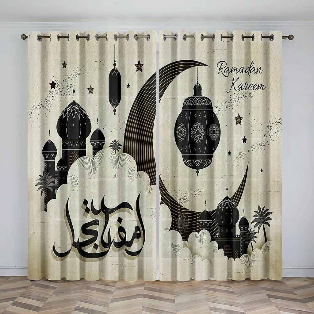 Cheap Gold Black Boho Ramadan Lslamic Muslim Kareem Thin Window Curtain for Living Room Bedroom Decor 2 Pieces Free Shipping