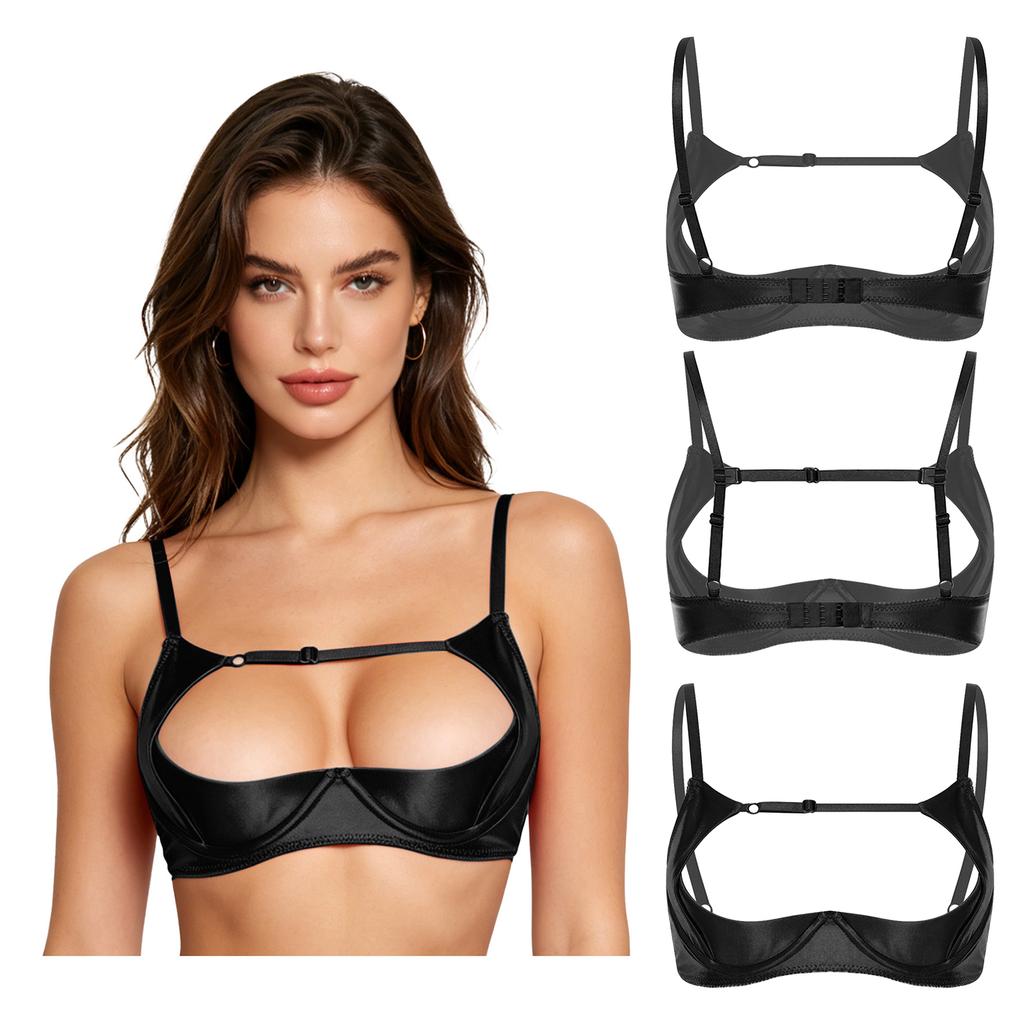 1/4 Cup Push-up Underwire Shelf Bra Satin Hollow Out Adjustable Straps Balconette Bralette for Women Lingerie Sleepwear