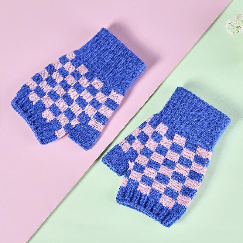 Warm Gloves Knitted Half-finger Plaid Cold-proof Gloves for Women Winter