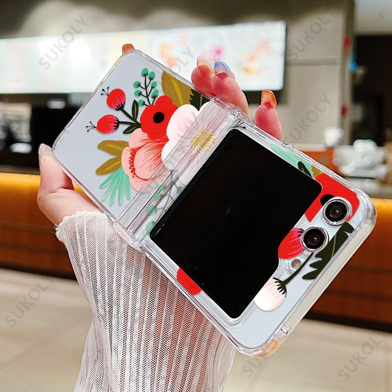 Flower Pattern Clear Case For Samsung Galaxy Z Flip 7 FE 6 5 4 3 Transparent Hard Folding Cover For Samsung Z Flip5 Flip4 Flip6
