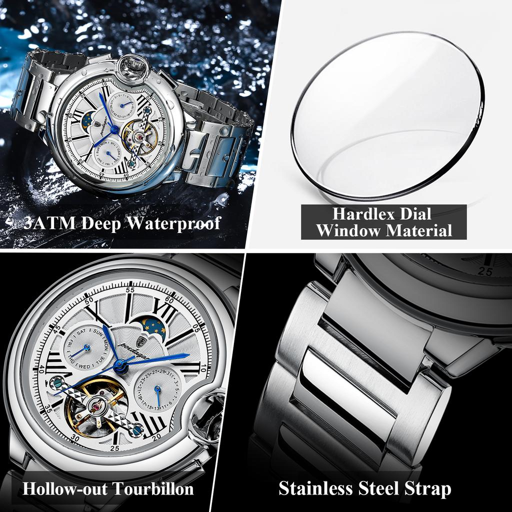 Luxury Business Male Watch Date Week Stainless Steel Tourbillon Men Clock Waterproof Automatic Mechanical Men's Watches
