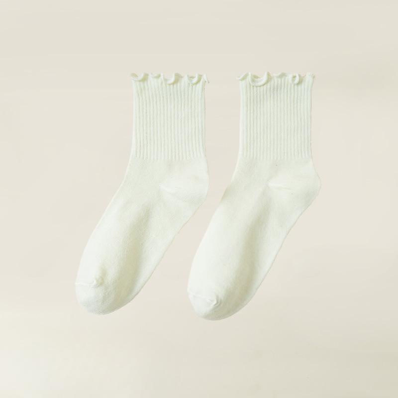 10 Pairs of Female Autumn Solid Color Wooden Ear Edge In The Tube Pile Socks