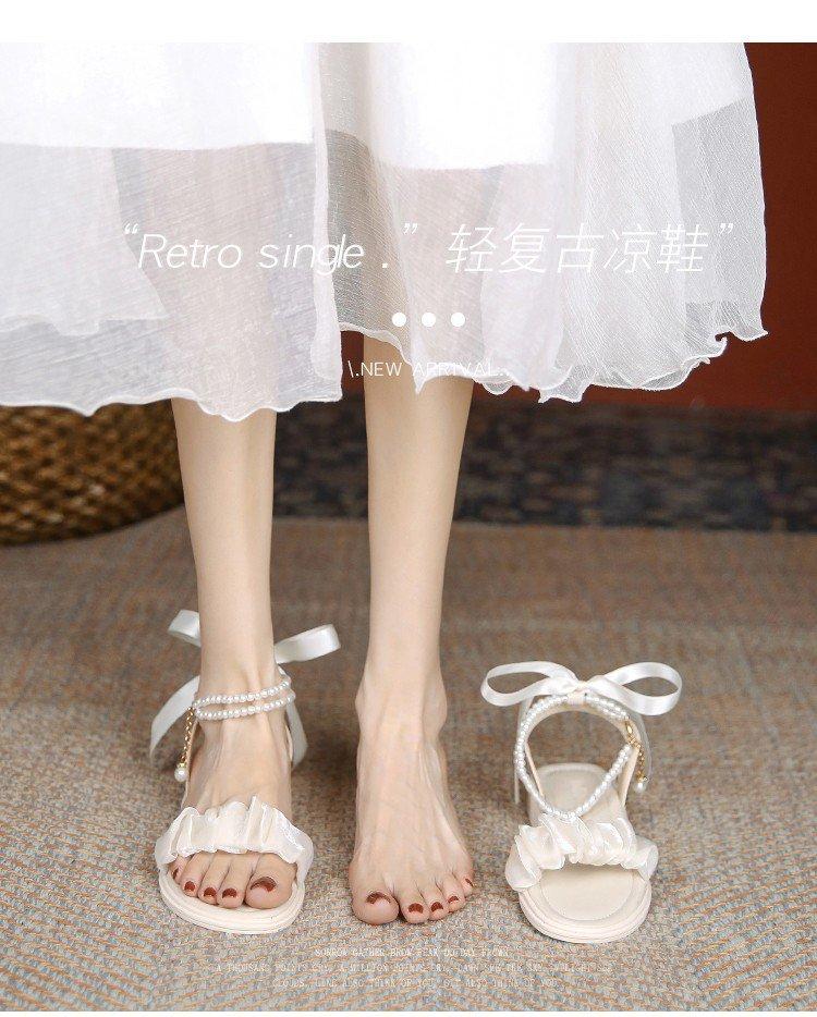 2025 Summer New Versatile Non-slip Fairy Style with Skirt One-word Belt Sandals Pearl Chain Fashionable Flat Female