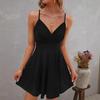 women's solid adjustable spaghetti wrap v neck high waist flowy mini sundress summer party skater gown