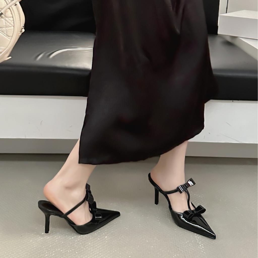 Women'S Shoes Spring Pointed Toe Thin Heel High Heel Elegant French Style Fashion Bow Outdoor Wear Slippers Mules