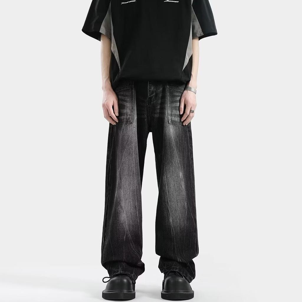 Black denim wide-leg pants men's American retro washed old straight loose jeans trendy versatile casual pants