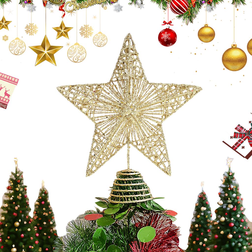 1 Pack Sequin Christmas Tree Toppers W/ Linear Sequin Design Hollow Five Pointed Star Ornament for Festive Holiday Tree Display
