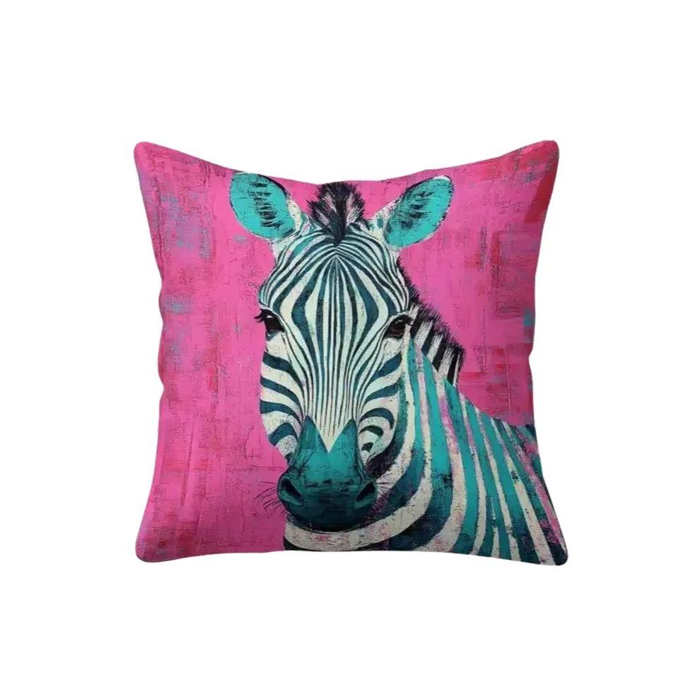 1Pc Modern Living Room Zebra Pillow Cover, Polyester 2D Double-Sided Print, Pop Art Pink & Teal Zebra Cushion, Wildlife Lover Ho